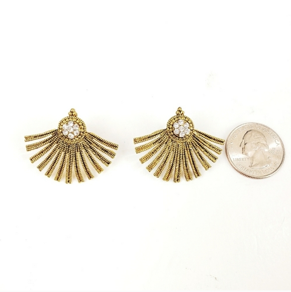Antiqued Gold Rhinestone Fan Earrings - Picture 3 of 5
